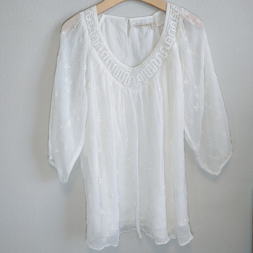 Soft Surroundings Romania Embroidered Crinkle Chiffon Boho Peasant Tunic Sz S
